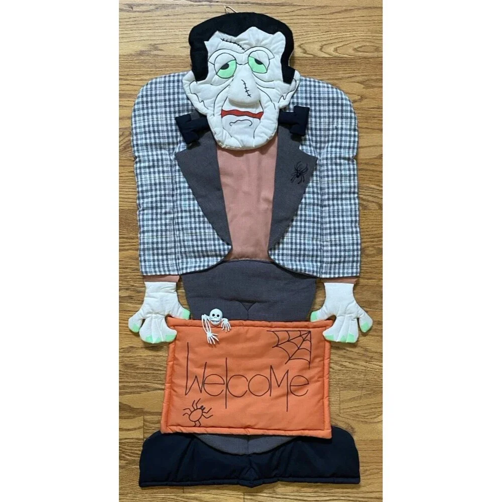 Vintage Halloween Frankenstein Welcome Quilted Fabric Hanging Door Sign 41